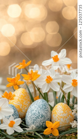 Daffodils with painted moltted Easter eggs in grass with golden bokeh lights, holiday card. Mock up. 125037735