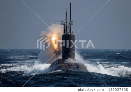 Nuclear war. Launch of a nuclear ballistic intercontinental missile from submarine. The submarine propels a nuclear missile upward, marking a critical moment in potential worldwide conflict. Nuclear war. Launch of a nuclear ballistic intercontinental missile from submarine. The submarine propels a nuclear missile upward, marking a critical moment in potential worldwide conflict. 125037808