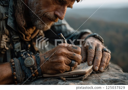 Cropped photo of a man takes notes in a paper notebook while hiking. The man immerses himself in nature, capturing ideas in his paper notebook while soaking in the tranquility of the trail. 125037829