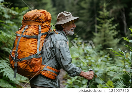 An old Caucasian man with backpack during a hike in a forest. The old man finds joy in hiking, exploring the forest trails with a sense of wonder and a backpack full of supplies. 125037830