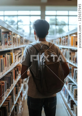 Back view of a male student with backpack in a... - Stock Illustration ...