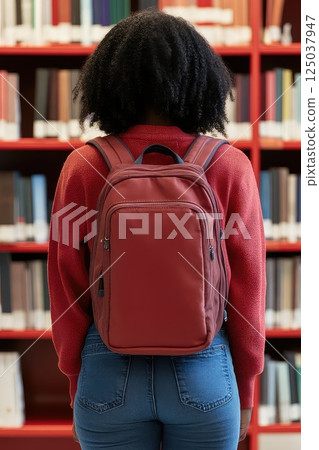 Back view of a female student with backpack in a library. A female student with a backpack stands in the library, surrounded by the promise of knowledge and learning. 125037947