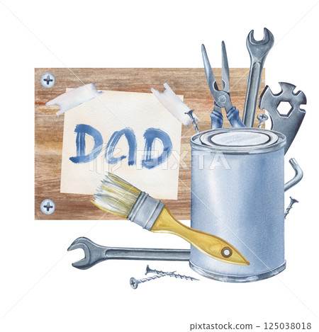 A composition with hand-painted watercolor elements. Dad's construction repair tools and a can of paint. A wooden banner with an inscription on a glued sheet. Father's Day. 125038018