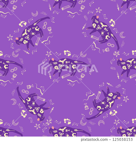 Mystical seamless pattern of cats in boho style, silhouette collection. Witchcraft and magic 125038153