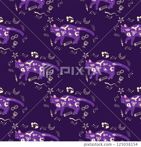 Mystical seamless pattern of cats in boho style, silhouette collection. Witchcraft and magic 125038154