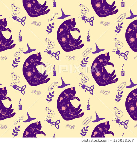 Mystical seamless pattern of cats in boho style, silhouette collection. Witchcraft and magic Mystical seamless pattern of cats in boho style, silhouette collection. Witchcraft and magic 125038167