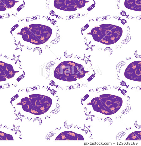 Mystical seamless pattern of cats in boho style, silhouette collection. Witchcraft and magic Mystical seamless pattern of cats in boho style, silhouette collection. Witchcraft and magic 125038169