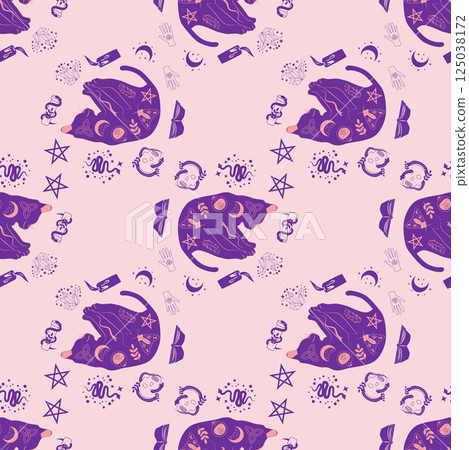 Mystical seamless pattern of cats in boho style, silhouette collection. Witchcraft and magic Mystical seamless pattern of cats in boho style, silhouette collection. Witchcraft and magic 125038172