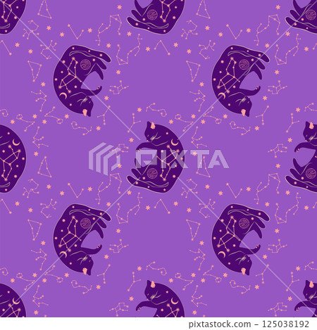 Mystical seamless pattern of cats in boho style, silhouette collection. Witchcraft and magic Mystical seamless pattern of cats in boho style, silhouette collection. Witchcraft and magic 125038192