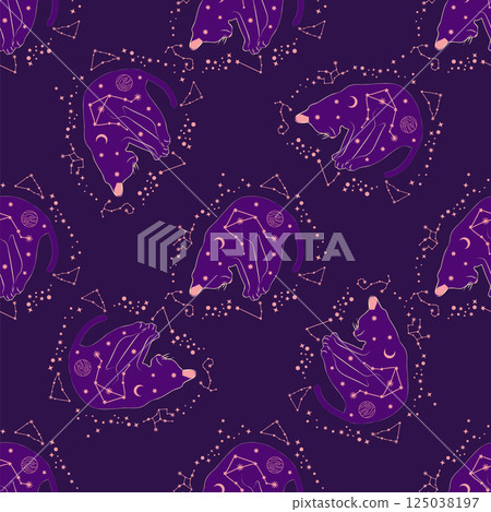 Mystical seamless pattern of cats in boho style, silhouette collection. Witchcraft and magic 125038197