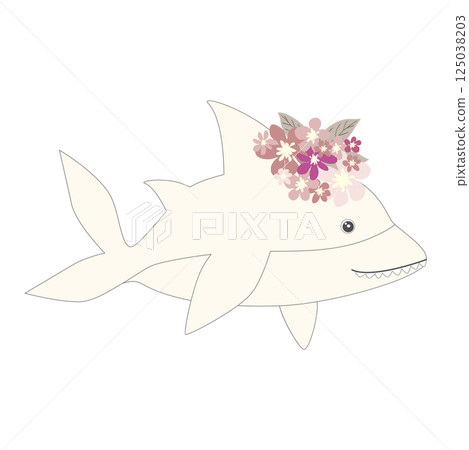 Underwater inhabitants in boho style. Vector illustration animals with flowers. Whale, dolphin, jellyfish, seahorse, turtle, shark, octopus, crab, snail, stingray, fish 125038203