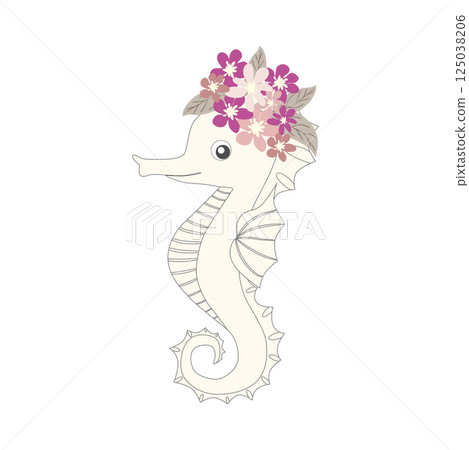 Underwater inhabitants in boho style. Vector illustration animals with flowers. Whale, dolphin, jellyfish, seahorse, turtle, shark, octopus, crab, snail, stingray, fish Underwater inhabitants in boho style. Vector illustration animals with flowers. Whale, dolphin, jellyfish, seahorse, turtle, shark, octopus, crab, snail, stingray, fish 125038206