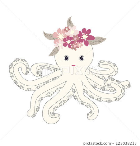 Underwater inhabitants in boho style. Vector illustration animals with flowers. Whale, dolphin, jellyfish, seahorse, turtle, shark, octopus, crab, snail, stingray, fish 125038213