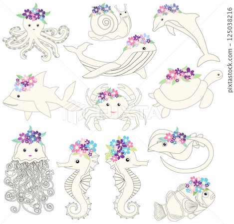 Underwater inhabitants in boho style. Vector illustration animals with flowers. Whale, dolphin, jellyfish, seahorse, turtle, shark, octopus, crab, snail, stingray, fish 125038216