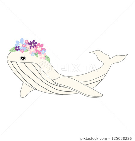 Underwater inhabitants in boho style. Vector illustration animals with flowers. Whale, dolphin, jellyfish, seahorse, turtle, shark, octopus, crab, snail, stingray, fish Underwater inhabitants in boho style. Vector illustration animals with flowers. Whale, dolphin, jellyfish, seahorse, turtle, shark, octopus, crab, snail, stingray, fish 125038226