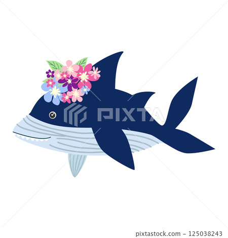 Underwater inhabitants in boho style. Vector illustration animals with flowers. Whale, dolphin, jellyfish, seahorse, turtle, shark, octopus, crab, snail, stingray, fish 125038243