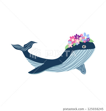 Underwater inhabitants in boho style. Vector illustration animals with flowers. Whale, dolphin, jellyfish, seahorse, turtle, shark, octopus, crab, snail, stingray, fish 125038245