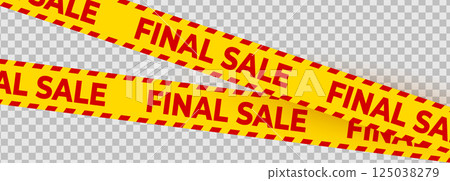 Final sale caution tape with red text on yellow background, diagonal stripes, attracting attention. Perfect for store clearance, retail promotions, advertising designs. Flat vector illustration Final sale caution tape with red text on yellow background, diagonal stripes, attracting attention. Perfect for store clearance, retail promotions, advertising designs. Flat vector illustration 125038279