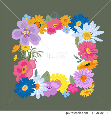 Vector frame with colorful wildflowers. Elegant floral garland with forget-me-nots, chamomile, daisies. Vector frame with colorful wildflowers. Elegant floral garland with forget-me-nots, chamomile, daisies. 125038395