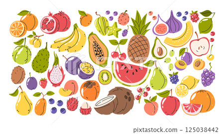 Hand drawn fruits set with variety of natural organic traditional and exotic vegetarian food Hand drawn fruits set with variety of natural organic traditional and exotic vegetarian food 125038442