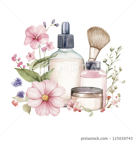 Delicate arrangement of beauty products surrounded by pink and purple flowers in a serene setting 125038743