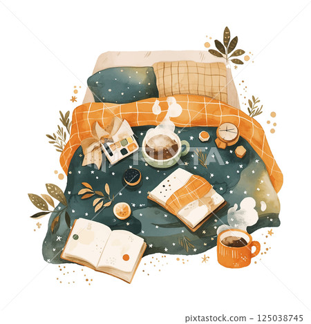 Cozy bed setup with warm drinks, books, and decorative elements in a serene environment Cozy bed setup with warm drinks, books, and decorative elements in a serene environment 125038745