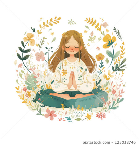 Young girl practicing mindfulness meditation surrounded by colorful flowers in a serene setting 125038746
