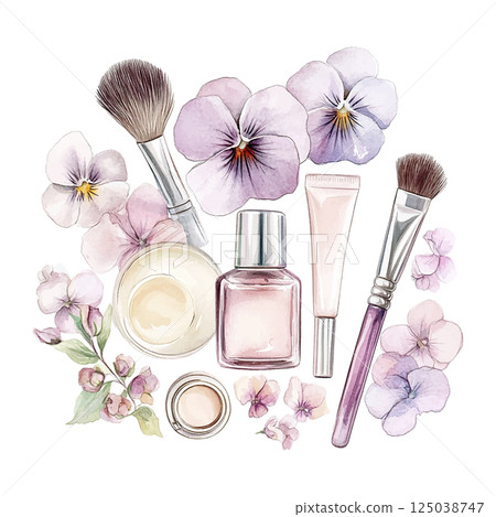 Beauty products arranged with pastel flowers on a soft background in a delicate and elegant display Beauty products arranged with pastel flowers on a soft background in a delicate and elegant display 125038747