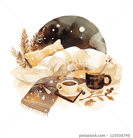 Cozy indoor setting with warm beverages, soft blankets, and starry decor in a serene atmosphere 125038748