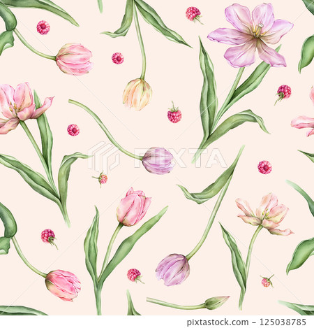Seamless pattern of pastel pink light violet yellow bud Tulips and Raspberries watercolor illustration isolated on background. Hand drawn delicate spring flower for spring wedding repeat design Seamless pattern of pastel pink light violet yellow bud Tulips and Raspberries watercolor illustration isolated on background. Hand drawn delicate spring flower for spring wedding repeat design 125038785