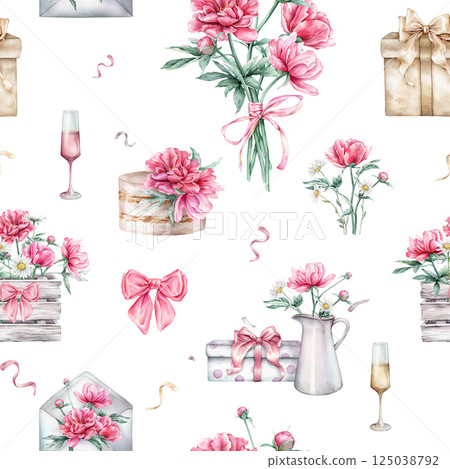 Seamless pattern with watercolor illustrations holiday set of pink peony, gifts, wine glass, cake. Open grey vintage envelope and box made of white gray with pink flowers, bow. Hand drawn illustration 125038792
