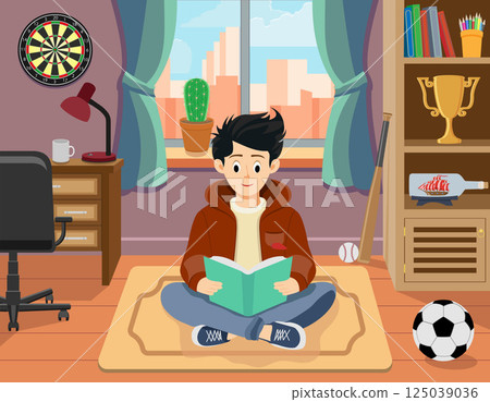 boy reading a book in colorful playroom vector illustration boy reading a book in colorful playroom vector illustration 125039036