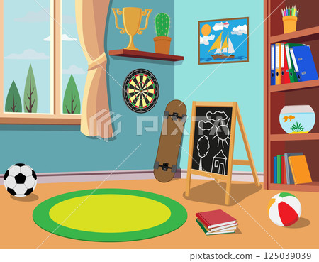 cozy children's room for a boy with toys and sports equipment vector illustration cozy children's room for a boy with toys and sports equipment vector illustration 125039039