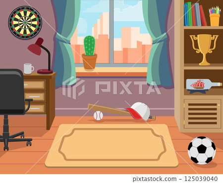 cozy children's room for a boy with toys and sports equipment vector illustration cozy children's room for a boy with toys and sports equipment vector illustration 125039040