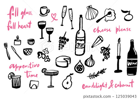 Wine and dine black ink graphic set, minimalist brush doodles and drawings of glasses, elegant calligraphy inscriptions and inspirational quotes Wine and dine black ink graphic set, minimalist brush doodles and drawings of glasses, elegant calligraphy inscriptions and inspirational quotes 125039043