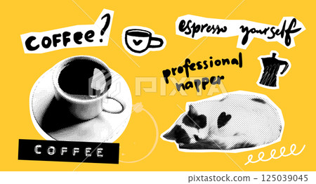 Coffee collage sticker pack, sleeping cat and funny quotes at yellow background Coffee collage sticker pack, sleeping cat and funny quotes at yellow background 125039045