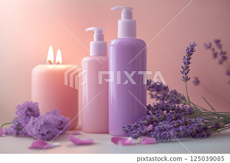 Elegant Shampoo Bottles with Lavender Flowers and Candles in Soft Purple Tones 125039085
