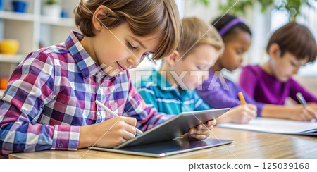 Children focused on their tablets and notebooks in a bright classroom setting fostering an environment of active learning and engagement 125039168