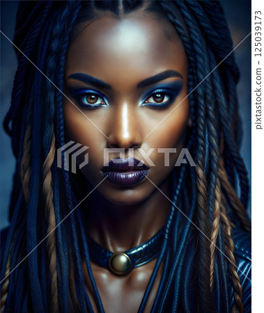 A striking portrait of a woman with bold makeup, intricate braids, and a fierce expression exuding confidence and strength 125039173