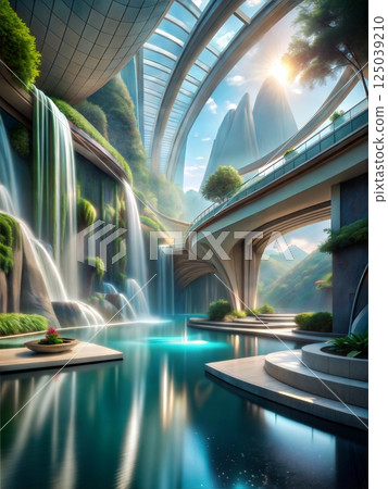 A stunning indoor oasis with lush greenery, cascading waterfalls, and a crystal-clear pool illuminated by natural sunlight A stunning indoor oasis with lush greenery, cascading waterfalls, and a crystal-clear pool illuminated by natural sunlight 125039210