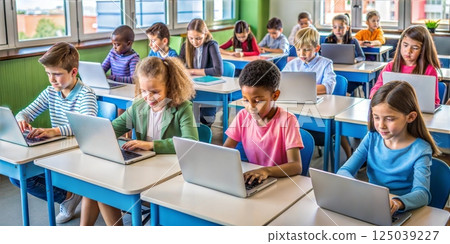 Children focused on their laptops in a quiet classroom promoting individual learning and concentration 125039227