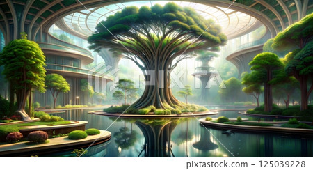 A magical forest setting with giant trees and floating platforms surrounded by misty waters and vibrant greenery evoking a sense of wonder 125039228