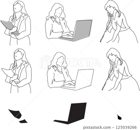 Simple line drawing of a woman working in an office, hand-drawn business scene illustration, transparent background material set 125039266