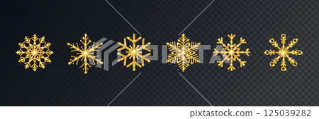 Gold glitter snowflakes set on transparent background. Shining Christmas design with sparkles and stars. Winter holiday luxury decoration for cards, invitation, poster, banner. Vector illustration 125039282