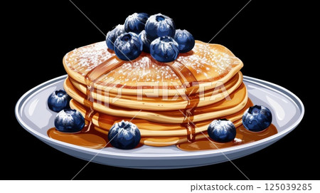 Stack of Homemade Pancakes with Fresh Blueberries and Powdered Sugar, Delicious Breakfast or Brunch 125039285