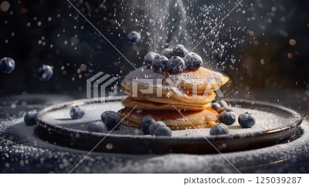 Stack of Homemade Pancakes with Fresh Blueberries and Powdered Sugar, Delicious Breakfast or Brunch 125039287
