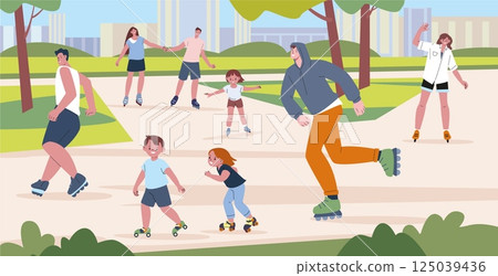 Roller skating in park. Adults and children on rollers in summer city garden. Outdoor seasonal sport activity, happy cartoon characters, kicky vector scene 125039436