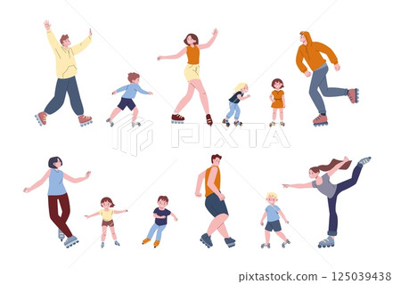 People roller skating. Seasonal outdoor hobby activity and sport training. Adults children on rollers in different poses. Cartoon flat kicky vector characters 125039438
