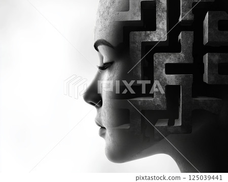 A surreal profile of a human face merging with a complex geometric maze pattern symbolizing thought 125039441