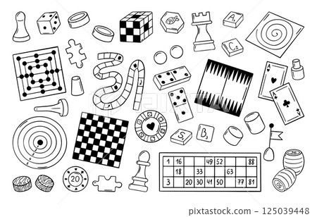 Board games doodle. Hand drawn chess lotto domino cards. Various game checkers, chips, cubes and dice. Puzzle elements, home play neoteric vector clipart Board games doodle. Hand drawn chess lotto domino cards. Various game checkers, chips, cubes and dice. Puzzle elements, home play neoteric vector clipart 125039448